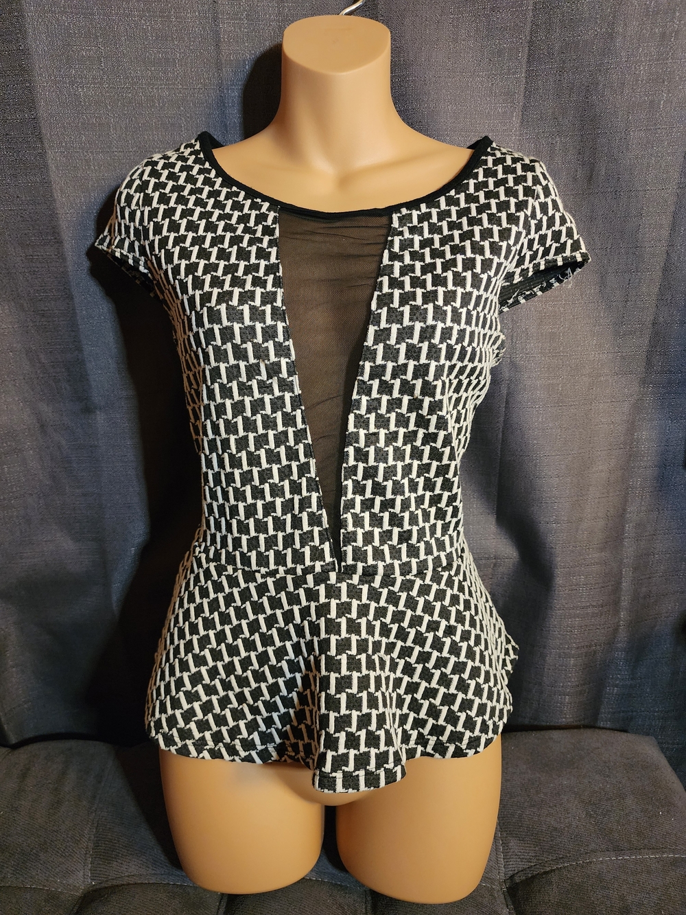 Persaya Black White Peplum Mesh Panel Blouse Top L